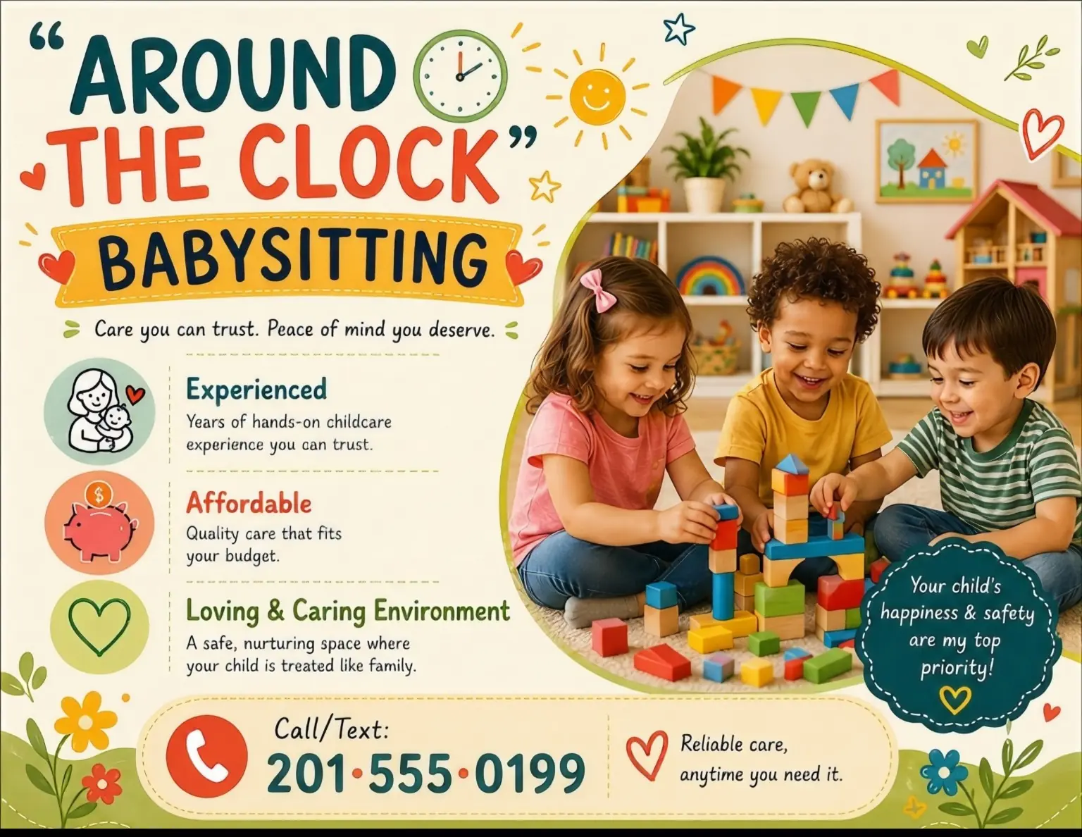 Around The Clock Babysitting childcare promotional flyer